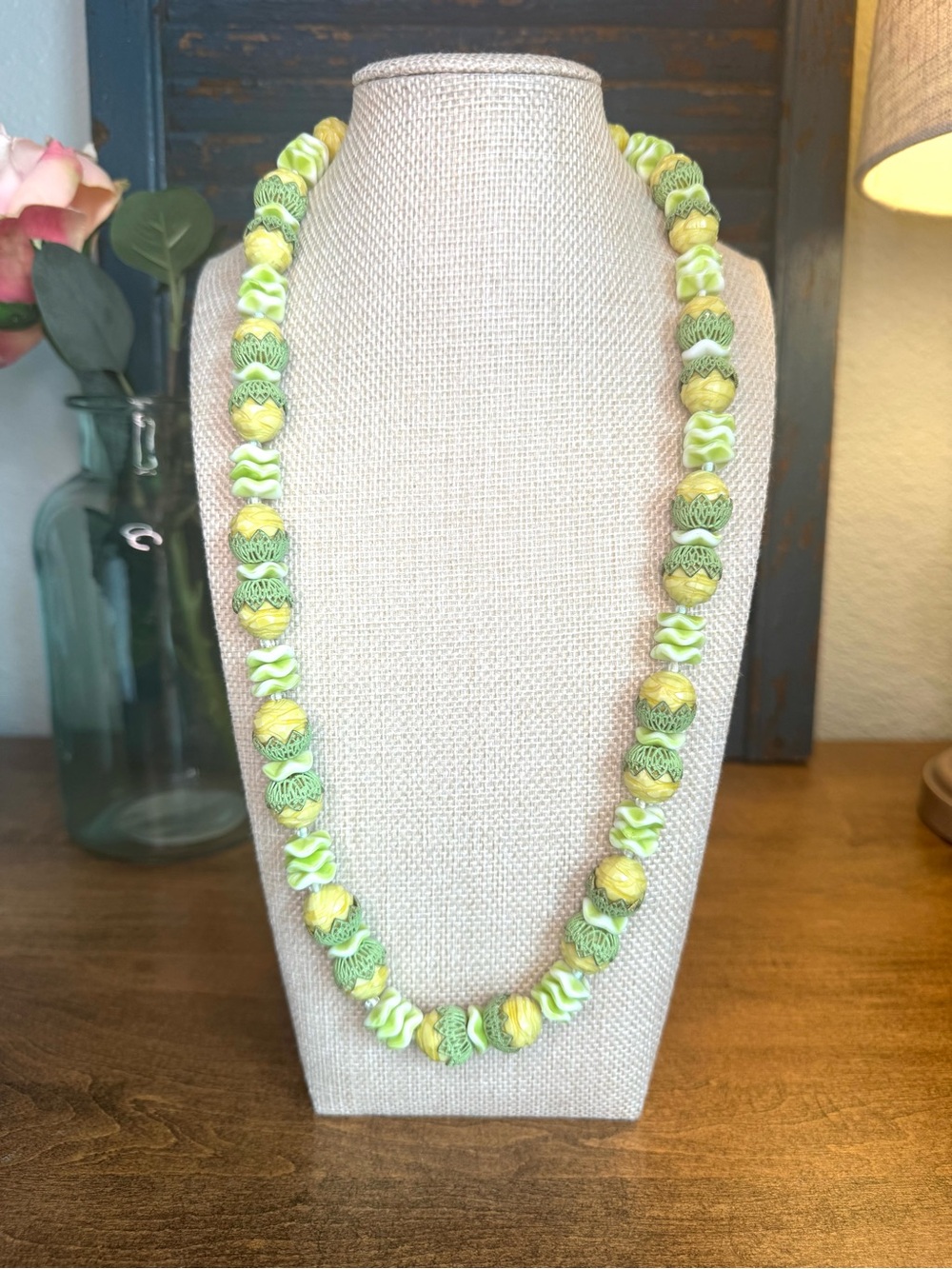 Vintage 1950/1960’s Handmade Green and Yellow Celluloid Beaded Necklace